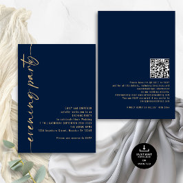 Kalligrafie QR Navy Gold huwelijksavond feest Kaart