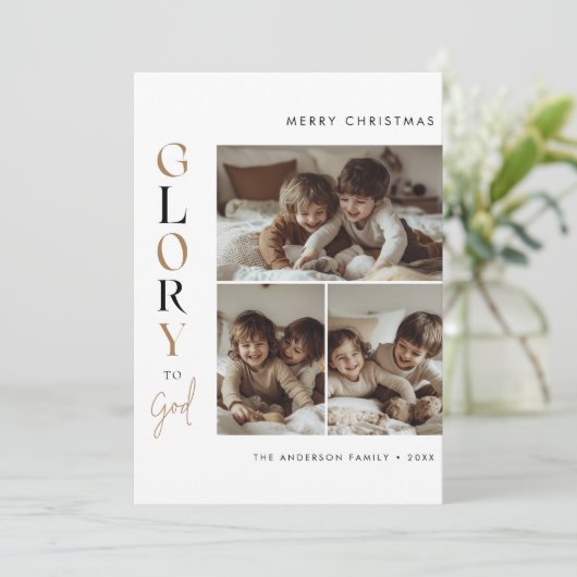 Kalligrafie Religieuze Kerst Glorie aan God Foto Feestdagenkaart (Staand voorkant)