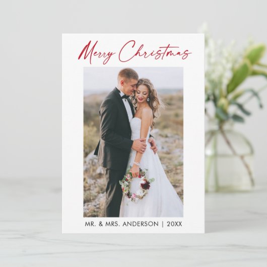 Kalligrafie Rode inkt Script bruiloft foto Feestdagenkaart (Staand voorkant)