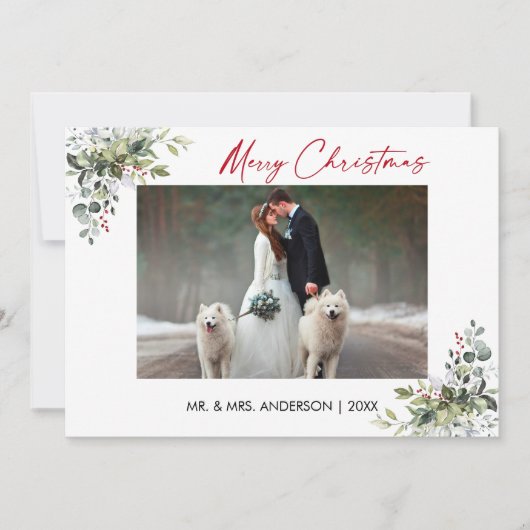 Kalligrafie Rode inkt Script groen bessen paar Feestdagenkaart (Voorkant)