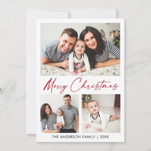 Kalligrafie Rode Inkt Script Kerstmis 3 Foto Feestdagenkaart (Voorkant)