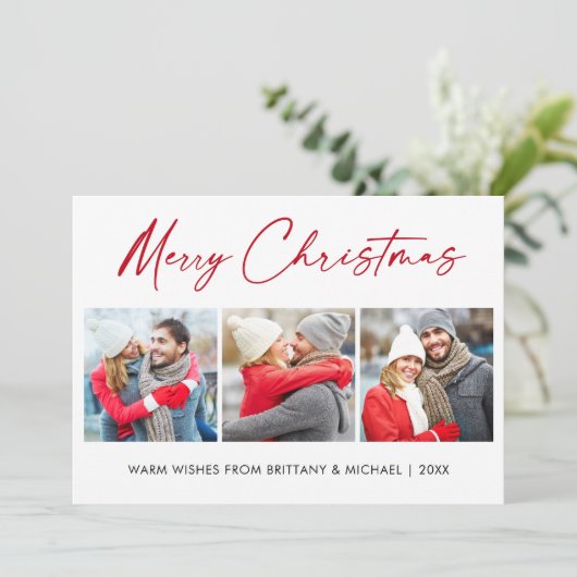 Kalligrafie Rood Ink 3 Foto Koppel Kerstmis Feestdagenkaart (Staand voorkant)