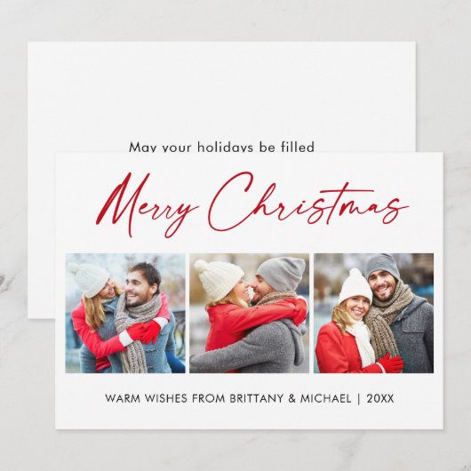 Kalligrafie Rood Ink 3 Foto Koppel Kerstmis Feestdagenkaart (Voorkant / Achterkant)