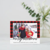 Kalligrafie Rood Plaid Paar Foto Kerstmis Briefkaart (Staand voorkant)