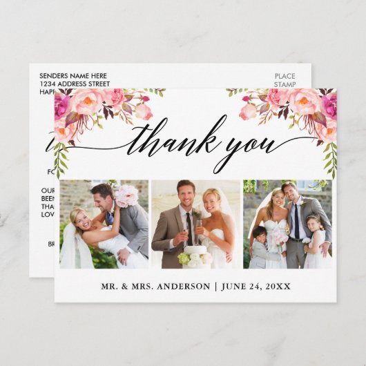 Kalligrafie Roze Bloem Bruiloft 3 Foto Bedankt Briefkaart (Voorkant / Achterkant)