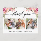 Kalligrafie Roze Bloem Bruiloft 3 Foto Bedankt Briefkaart (Voorkant)