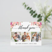 Kalligrafie Roze Bloem Bruiloft 3 Foto Bedankt Briefkaart (Staand voorkant)