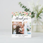 Kalligrafie Roze Bloem Bruiloft Foto Bedankt Briefkaart (Staand voorkant)