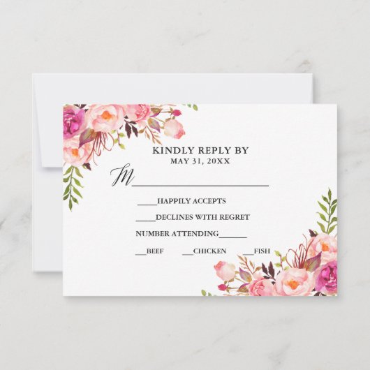 Kalligrafie Roze Bloemen Bruiloft RSVP Maaltijd Ka (Achterkant)