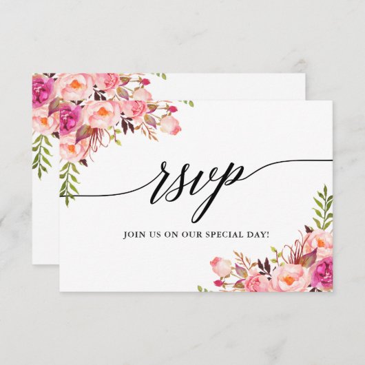 Kalligrafie Roze Bloemen Bruiloft RSVP Maaltijd Ka (Voorkant / Achterkant)
