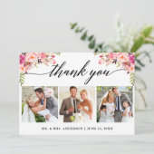 Kalligrafie Roze Bloemen Huwelijk 3 Foto Bedankkaart (Staand voorkant)