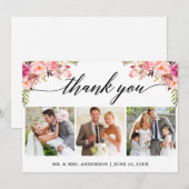 Kalligrafie Roze Bloemen Huwelijk 3 Foto Bedankkaart (Voorkant / Achterkant)