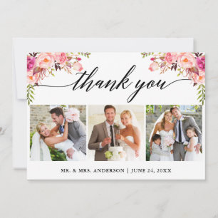 Kalligrafie Roze Bloemen Huwelijk 3 Foto Bedankkaart