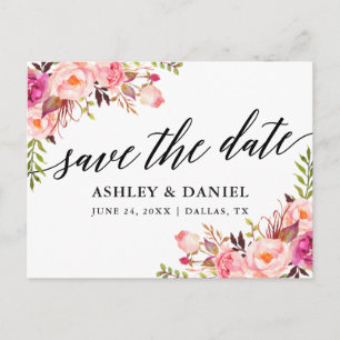 Kalligrafie Roze Bloemen Save The Date Briefkaart