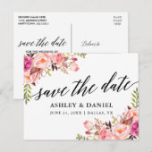 Kalligrafie Roze Bloemen Save The Date Briefkaart (Voorkant / Achterkant)
