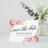 Kalligrafie Roze Bloemen Save The Date Briefkaart (Staand voorkant)