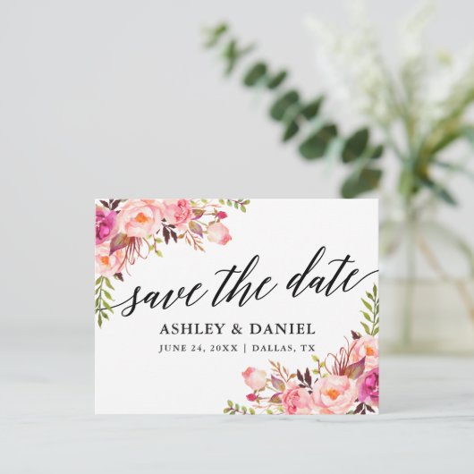 Kalligrafie Roze Bloemen Save The Date Briefkaart (Staand voorkant)