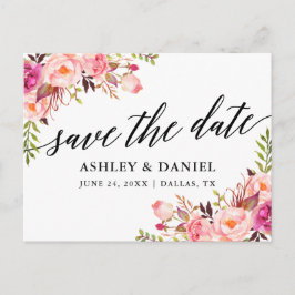 Kalligrafie Roze Bloemen Save The Date Briefkaart