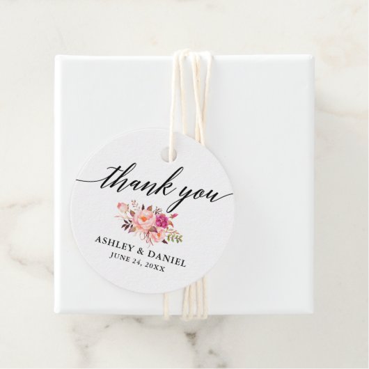 Kalligrafie roze bloemenbruiloft dank u bedankjes labels (In situ)