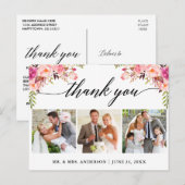 Kalligrafie Roze Bloemige Trouw 3 Foto Dank Je Briefkaart (Voorkant / Achterkant)