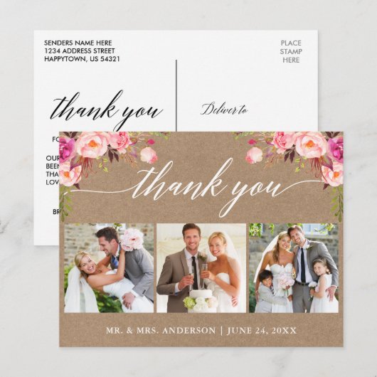 Kalligrafie Roze Bloemige Trouw Dank Je Kraft Briefkaart (Voorkant / Achterkant)