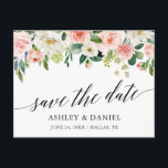 Kalligrafie Roze Wit Bloemen Save The Date Briefkaart<br><div class="desc">Het moderne kalligrafiescript. Elegante Waterverf Roze Blush Bloemen Groen Bruiloft Save The Date Briefkaart bevat roze witte rozen en andere prachtige groen.</div>