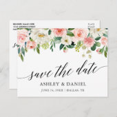 Kalligrafie Roze Wit Bloemen Save The Date Briefkaart (Voorkant / Achterkant)