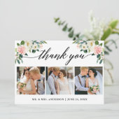 Kalligrafie roze wit bloemenbruiloft 3 foto bedankkaart (Staand voorkant)