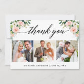 Kalligrafie Roze Witte Bloem Bruiloft 3 Foto Bedankkaart (Voorkant)