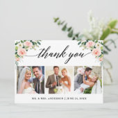 Kalligrafie Roze Witte Bloem Bruiloft 3 Foto Bedankkaart (Staand voorkant)