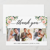 Kalligrafie Roze Witte Bloem Bruiloft 3 Foto Bedankkaart (Voorkant / Achterkant)