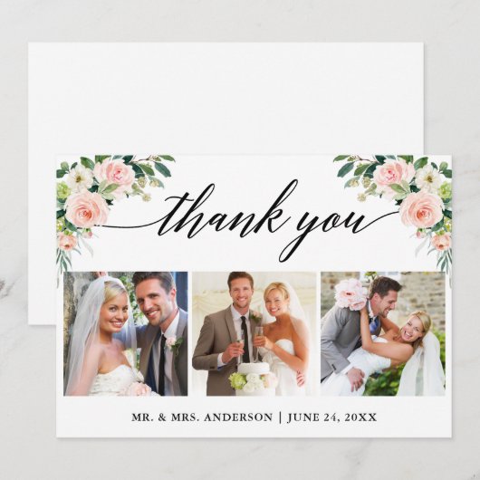Kalligrafie Roze Witte Bloem Bruiloft 3 Foto Bedankkaart (Voorkant / Achterkant)