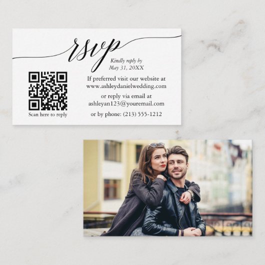 Kalligrafie RSVP Weddenschappen Minimaliserende QR Informatiekaartje (Voorkant / Achterkant)