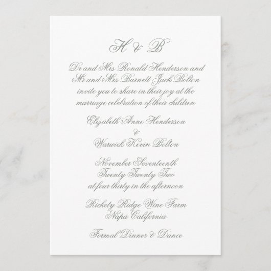 Kalligrafie Sage Groen & Wit Formele Bruiloft Kaart (Voorkant)