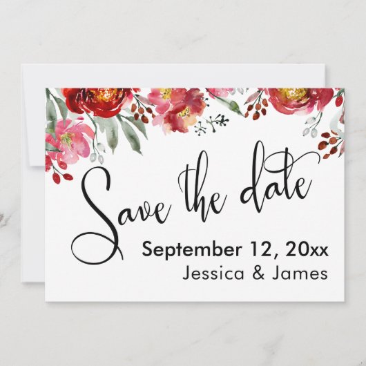 Kalligrafie Save the Date Bordeauxrode Bloemen (Voorkant)