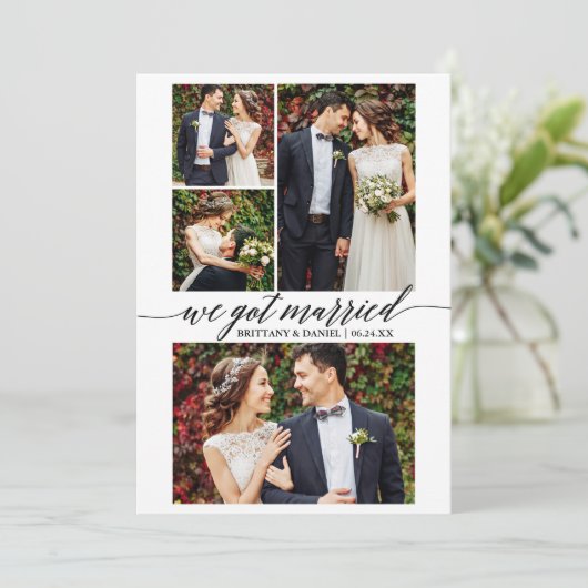 Kalligrafie Schrift 4 Foto We Got Married Aankondiging (Staand voorkant)
