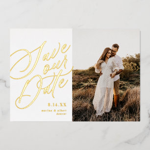 Kalligrafie Schrift Save the Date Foto Goud Folie Uitnodiging