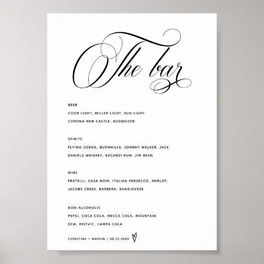 Kalligrafie Script Bar Menu Proost Trouwbord Poster (Voorkant)