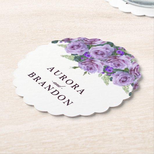 Kalligrafie Script Elegant Paarse bloemenbruiloft Kartonnen Onderzetters (Gekanteld)