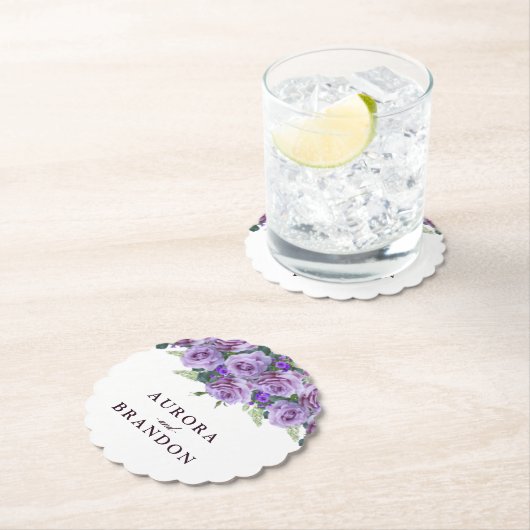 Kalligrafie Script Elegant Paarse bloemenbruiloft Kartonnen Onderzetters (Insitu)