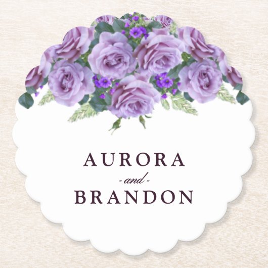 Kalligrafie Script Elegant Paarse bloemenbruiloft Kartonnen Onderzetters (Voorkant)