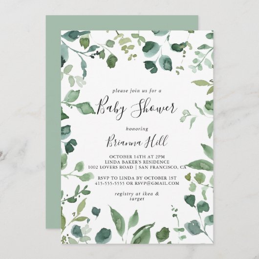 Kalligrafie Script groen gebladerte Baby shower Kaart (Voorkant / Achterkant)