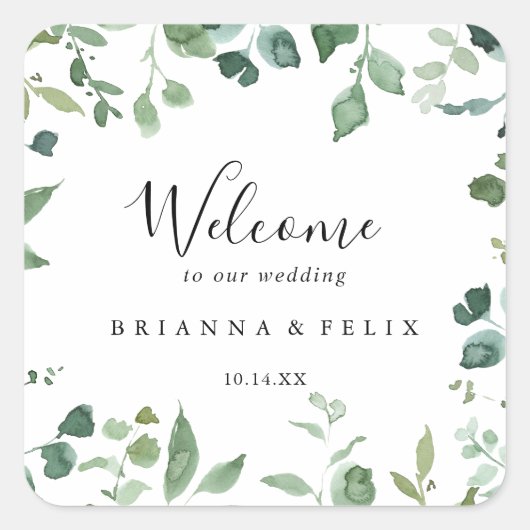 Kalligrafie Script Groen gebladerte bruiloft Welko Vierkante Sticker (Voorkant)