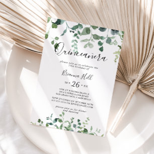 Kalligrafie Script Groen gebladerte Quinceañera Kaart