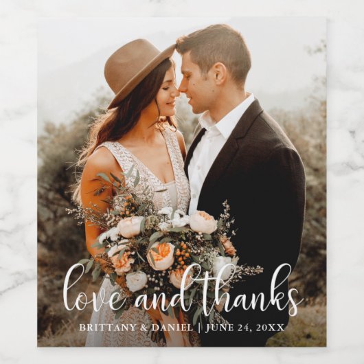 Kalligrafie Script Liefde en Bedankt Foto Bruiloft Wijn Etiket (Enkel label)