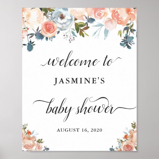 Kalligrafie Script Peach Bloemen Baby shower Teken Poster (Voorkant)