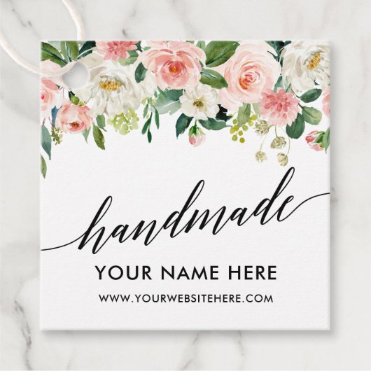 Kalligrafie Script Roze Wit Bloemen Handgemaakt Bedankjes Labels (Voorkant)