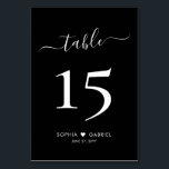 Kalligrafie Script Zwart Bruiloft Dubbelzijdig Kaart<br><div class="desc">Elegante kalligrafie Script Heart Black Wedding Table Numbers Dubbelzijdig met aangepaste gepersonaliseerde. Help uw gasten eenvoudig hun weg te vinden met deze eenvoudige elegante dubbelzijdige tafelnummerkaarten. Gemakkelijk te personaliseren, met cijfers, paar namen met liefde hart motief en datum! Beschikt over een hand belettering kalligrafie "tabel" script in wit op zwarte...</div>