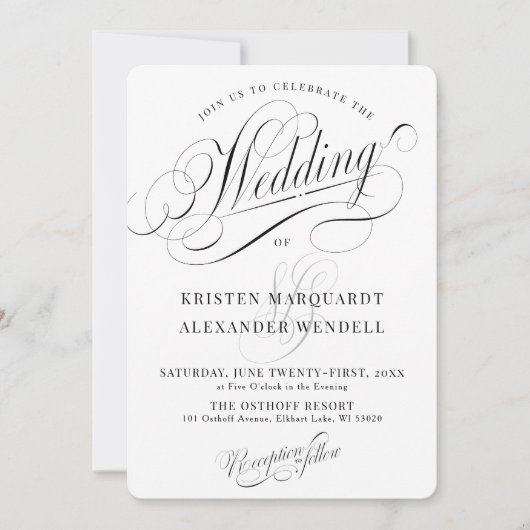  kalligrafie script zwart-wit bruiloft kaart (Voorkant)