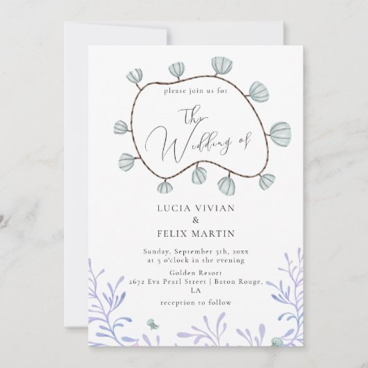 Kalligrafie Seashell & Seaweed Beach Bruiloft Kaart (Voorkant)